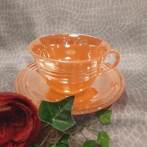 Vintage Anchor Hocking Fire King Peach Lustre Cup & Saucer Set ~ 3 Bands Pattern